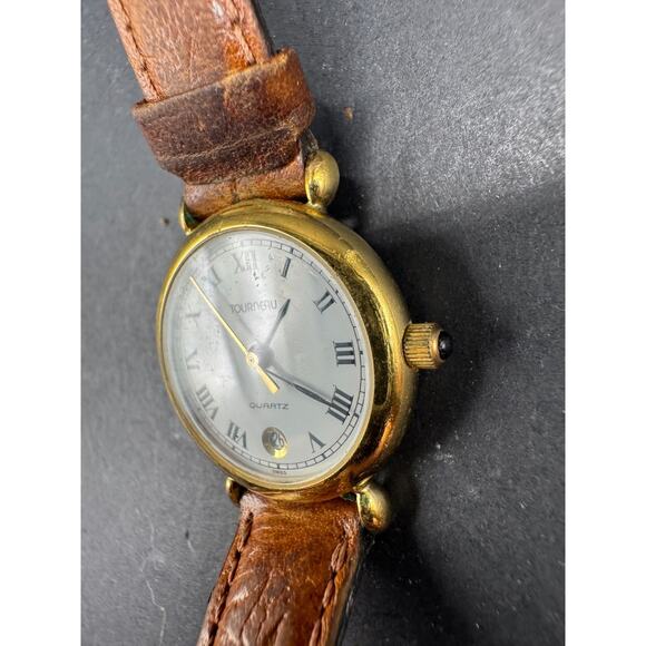 Vintage 90's Tourneau Dress Quartz Date Watch Gold Tone Brown Leather Band 24mm - Picture 5 of 11